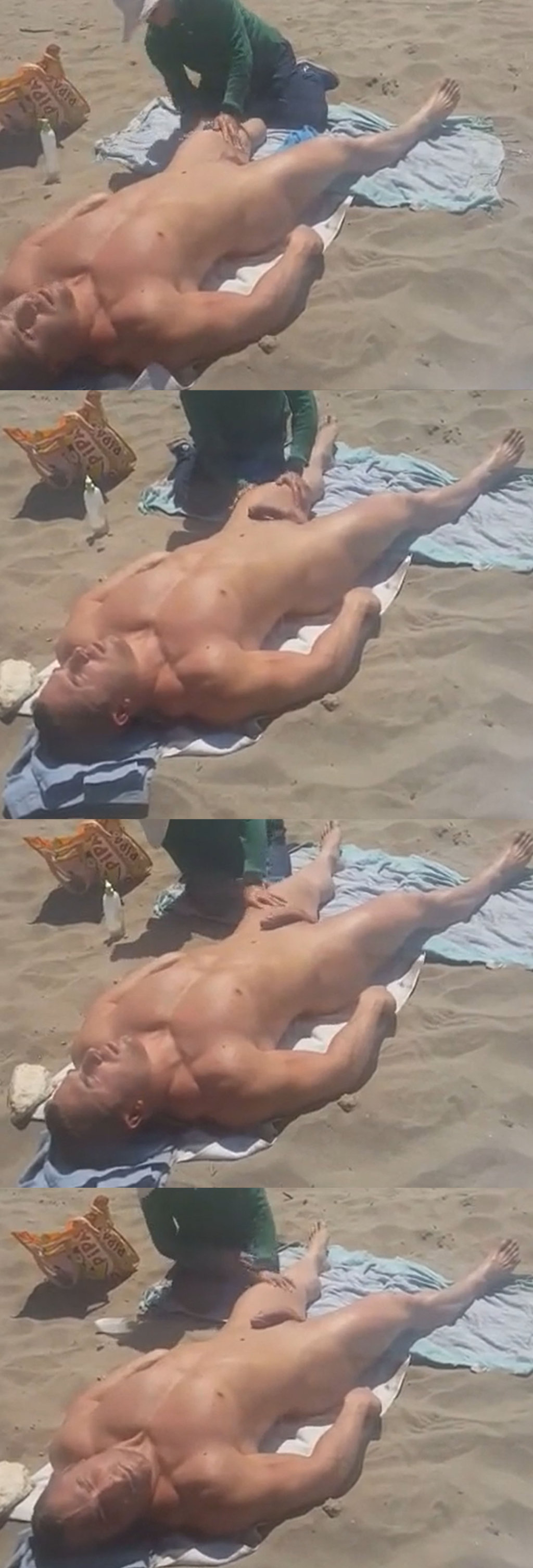 stud getting hard during a massage at the nudist beach