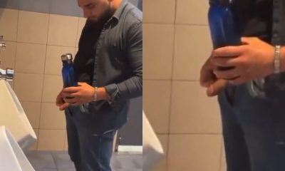 straight tall stud caught peeing at urinals