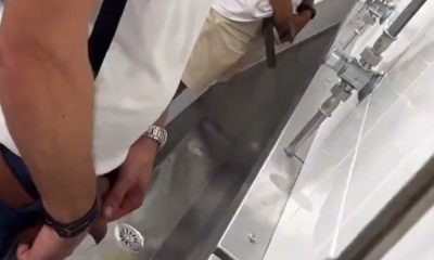 French dude with uncut dick caught peeing at urinals