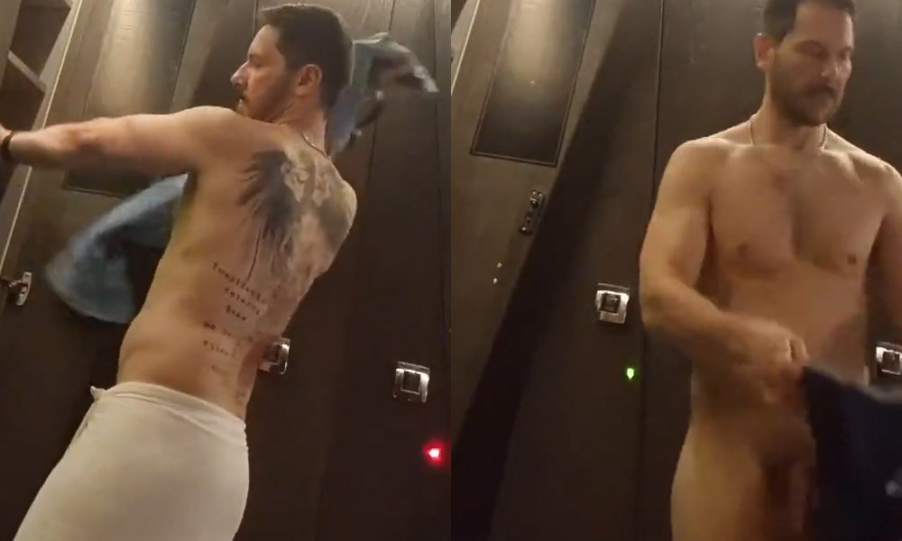 Tattooed guy caught changing in locker room