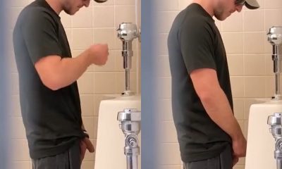 Guy with long cock caught peeing by spycam while peeing at urinals