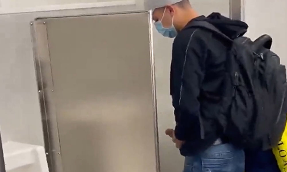 Guy with enormous dick caught peeing and shaking it at urinals