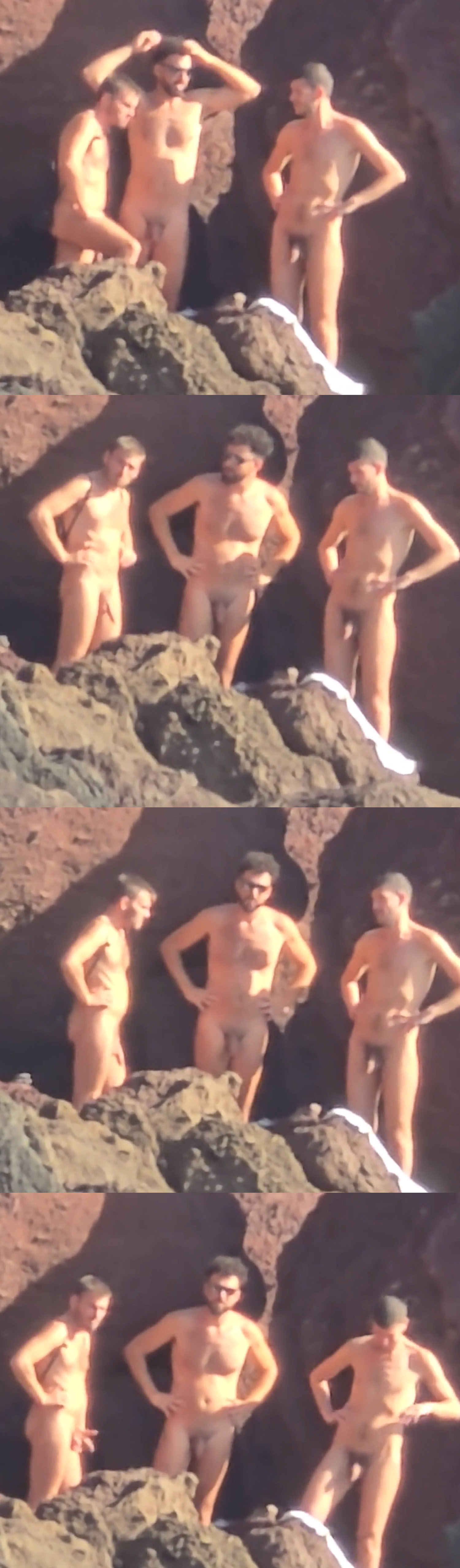 Three hung nudist guys captured naked at the beach