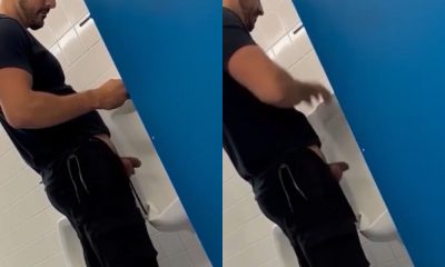 Uncut dude caught peeing at the urinal by hidden camera