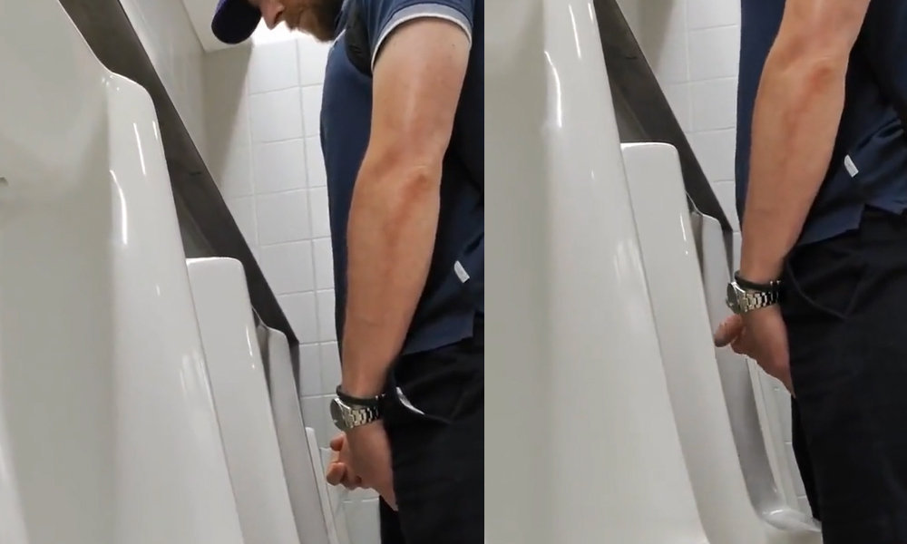 athletic guy caught peeing at urinals by spy camera