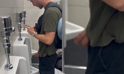 Blond guy caught peeing hands free at urinals